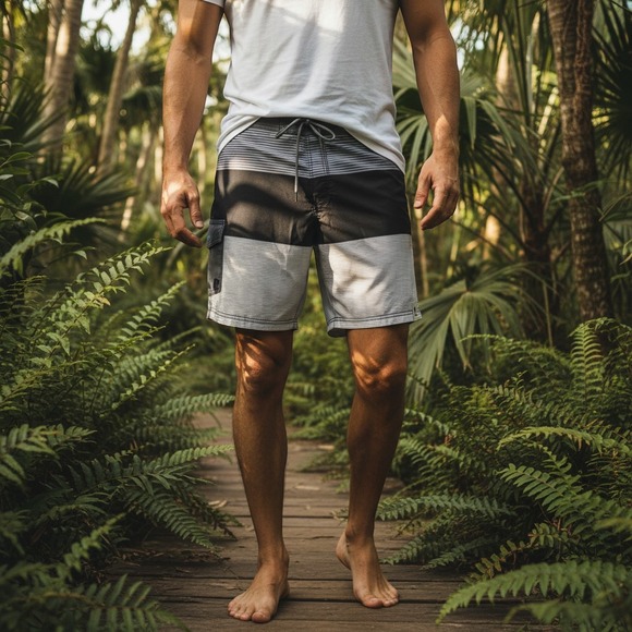 George Other - George Mens Swim Trunks Black Grey Striped Colorblock Board Shorts Large NWT